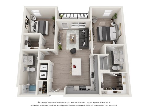 a 1 bedroom floorplan is shown in this rendering
